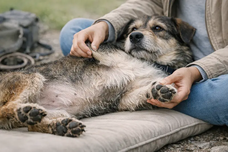 Ein Hund nach dem Spaziergang mit dem Fokus auf seinen Pfoten und Bauch, die typische Stellen für gesundheitliche Probleme darstellen.