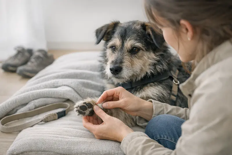 Ein Hund mit glänzendem Fell bei der Kontrolle seiner Pfoten nach einem Spaziergang.