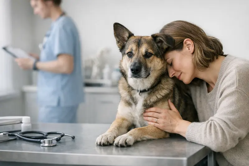 Ein gesunder Hund wird von einem Tierarzt in einer modernen Praxis untersucht.