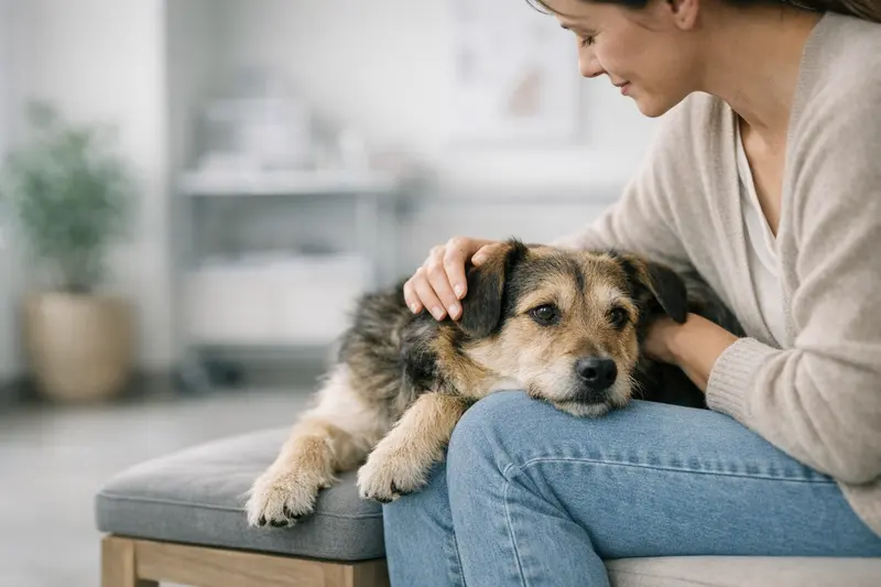 Ein ruhiger Hund sitzt im Wartezimmer beim Tierarzt und strahlt Sicherheit aus.