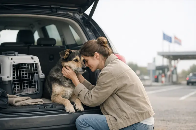 Ein Hund und eine Katze in einer Transportbox im Auto, bereit für eine Reise ins Ausland.