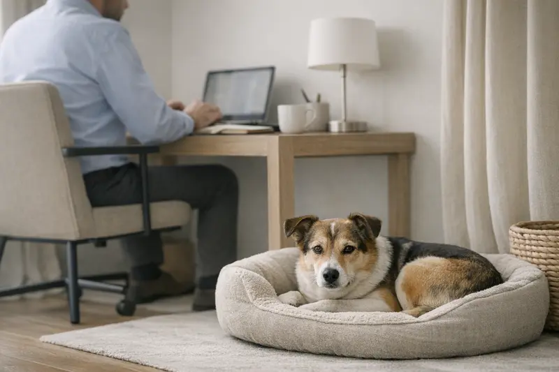 Ein ruhiger Hund entspannt neben einem modernen Arbeitsplatz und strahlt Gelassenheit aus.