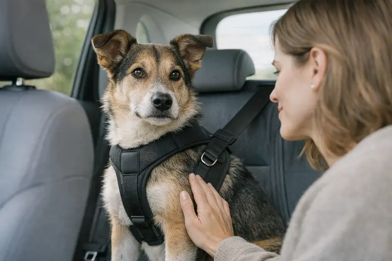 Ein glücklicher Hund sitzt sicher in einer Transportbox im Auto und genießt die Fahrt.