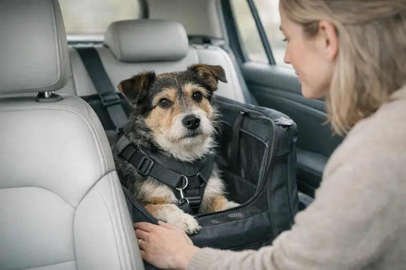 Ein Hund sitzt sicher im Auto, gesichert mit einem Transportgurt.