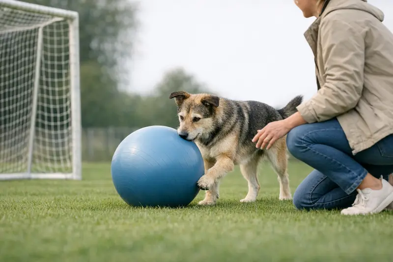 Ein Hund spielt kontrolliert mit einem großen Gymnastikball auf einer Wiese und zeigt Teamarbeit.