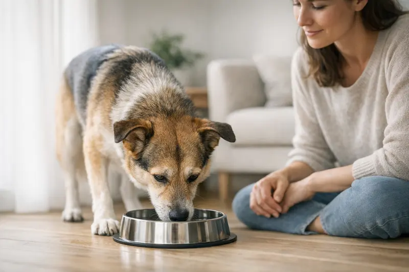 Ein Hund, der aus einem sauberen Napf trinkt, symbolisiert Hygiene und Prävention.
