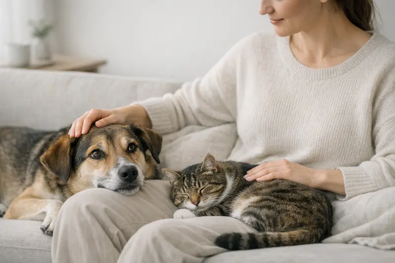 Ein Hund und eine Katze liegen entspannt zusammen auf einem Sofa und vermitteln ein Gefühl von Vertrauen in einer ruhigen Alltagssituation.