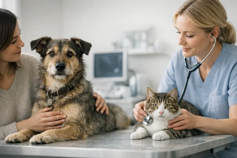 Ein Hund und eine Katze in einer ruhigen Untersuchungssituation, die medizinische Sicherheit ausstrahlen.