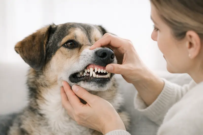 Ein Hund mit offenen Maul zeigt seine sauberen Zähne in einer neutralen, klinisch-sauberen Umgebung, um das Thema Zahnpflege zu verdeutlichen.