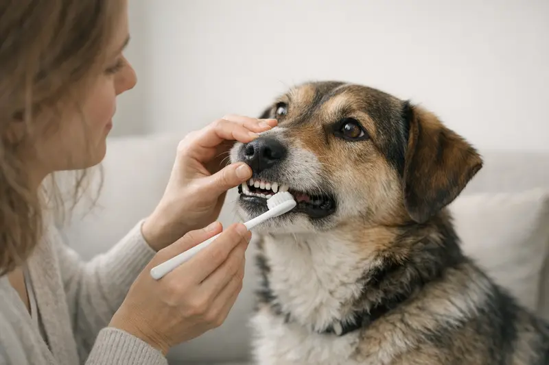 Ein Hund während der Zahnpflege, zeigt wichtige Aspekte der Mundhygiene.