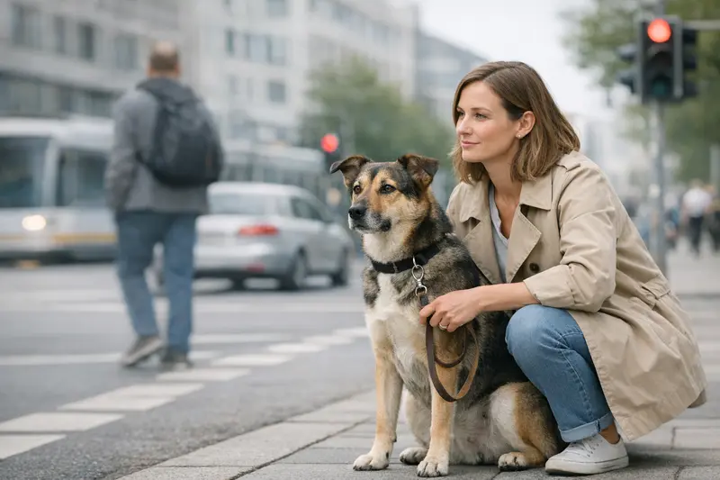 Ein verantwortungsbewusster Hundebesitzer führt seinen Hund in einer urbanen Umgebung an der Leine.