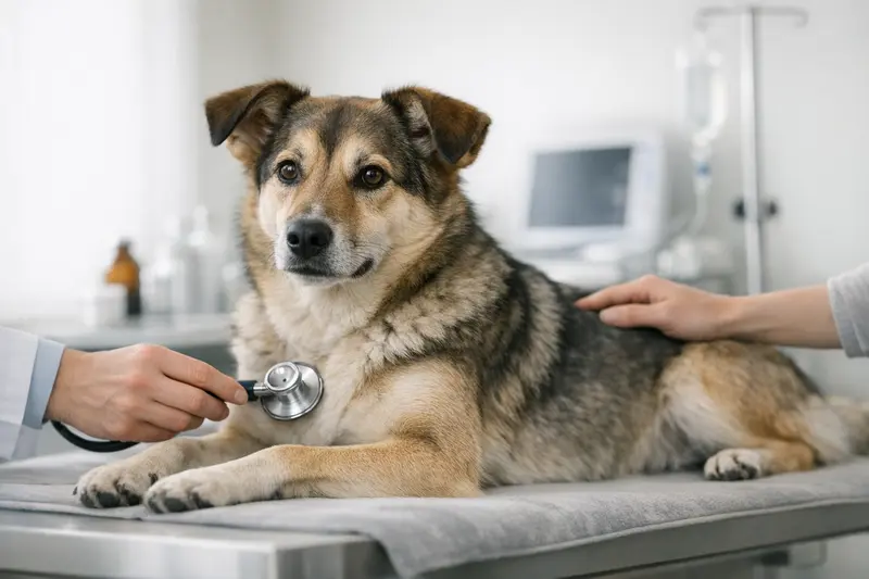 Eine Hündin wird ruhig von einem Tierarzt in einem modernen Untersuchungsraum behandelt, was Vertrauen und medizinische Relevanz vermittelt.