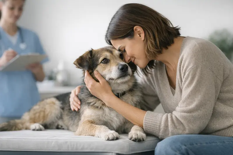 Hunde- und Katzenbesitzer erleben eine ruhige Behandlung ihres Tieres beim Tierarzt.