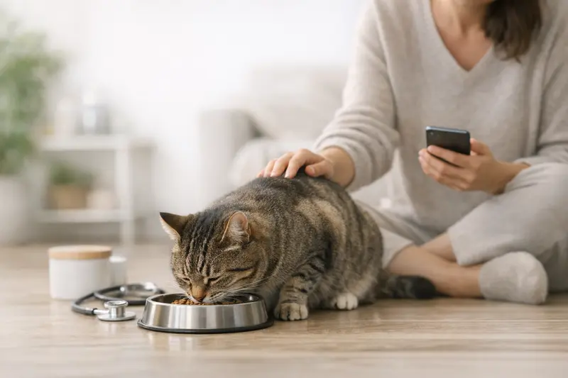 Eine gesunde Katze genießt ihr Futter aus einem stilvollen Napf.