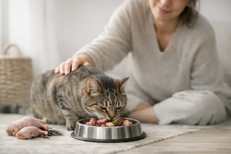 Eine Katze steht am Futternapf und betrachtet ihre Rohfütterung.