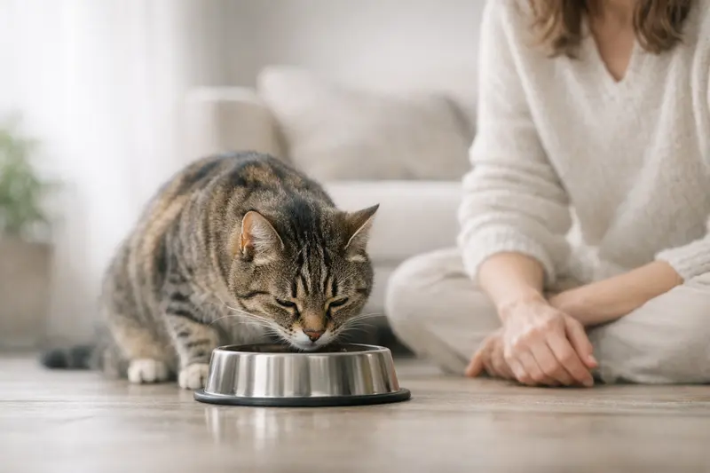 Eine Katze steht vor einem Napf und schnüffelt daran, ohne zu fressen.