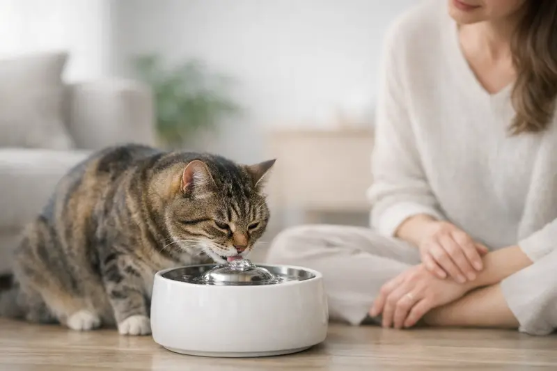 Eine grau-weiße Katze trinkt Wasser aus einem eleganten Trinkbrunnen, während der Fokus auf ihrer gesunden Ernährung liegt.