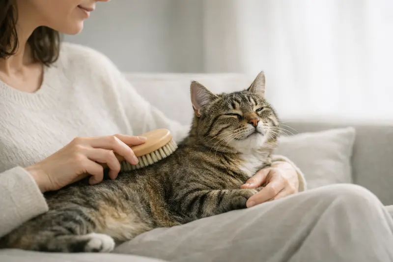 Eine Katze wird sanft gebürstet, was die Bedeutung der Fellpflege und Prävention betont.