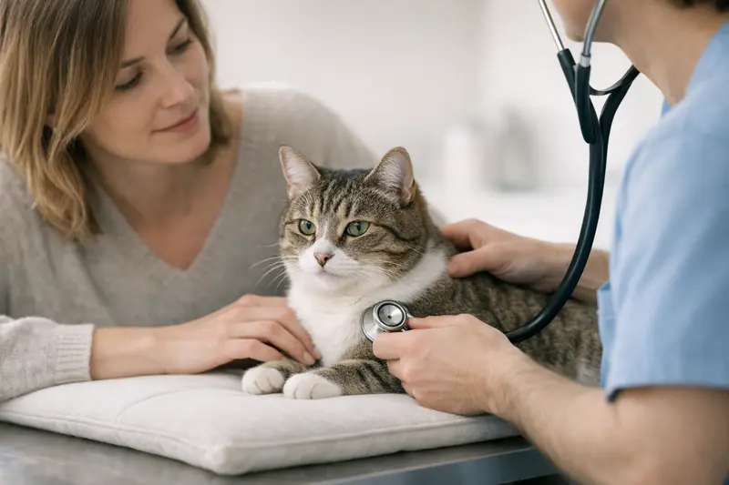 Eine ruhige Katze beim Tierarzt während einer Gesundheitsuntersuchung.