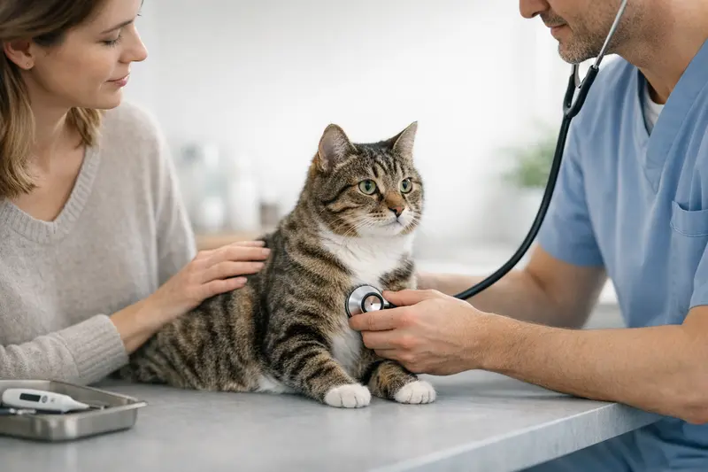 Eine ruhige Katze sitzt bei einem Tierarzt während des Gesundheits-Check-ups.