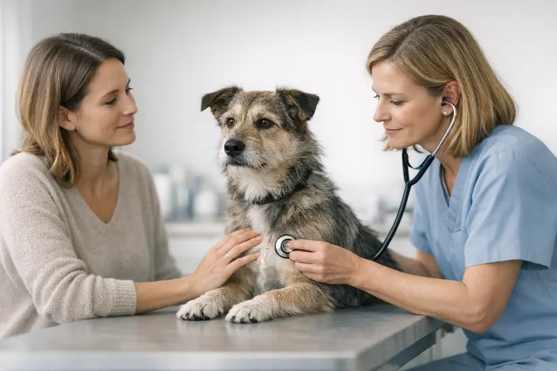 Eine Katze wird beim Tierarzt untersucht und zeigt sich ruhig und entspannt während des Check-ups.