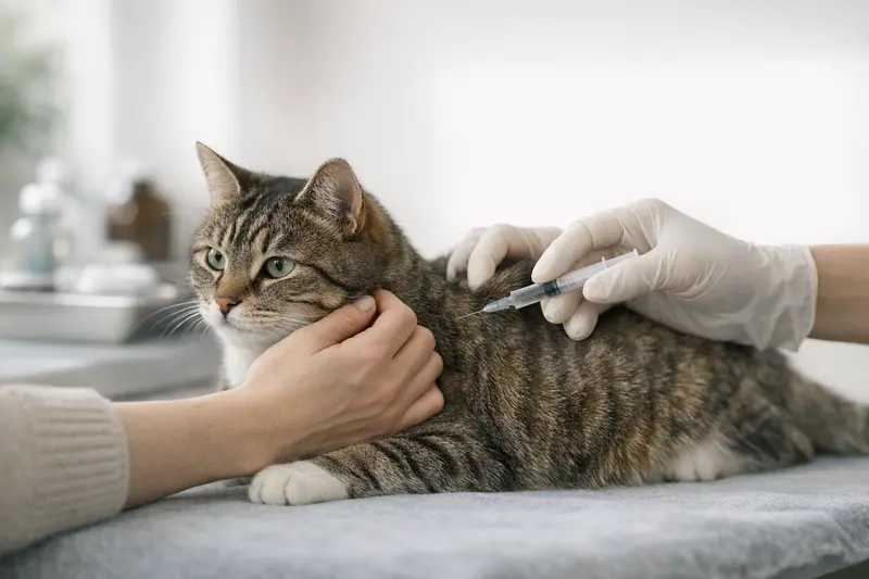 Eine gesunde Katze beim Tierarzt während der Impfungen als Zeichen für tiermedizinische Vorsorge.