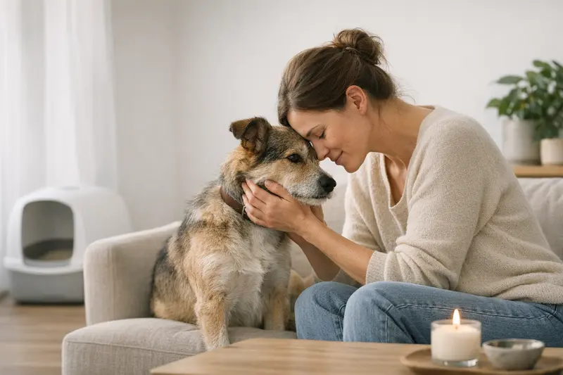 Eine elegante Katze sitzt entspannt im Wohnraum neben einer Duftkerze und einem Katzenklo.