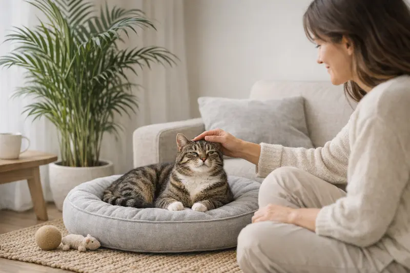 Eine entspannte Katze in einem Wohnraum mit einer Areca-Pflanze, die ein sicheres Zuhause symbolisiert.