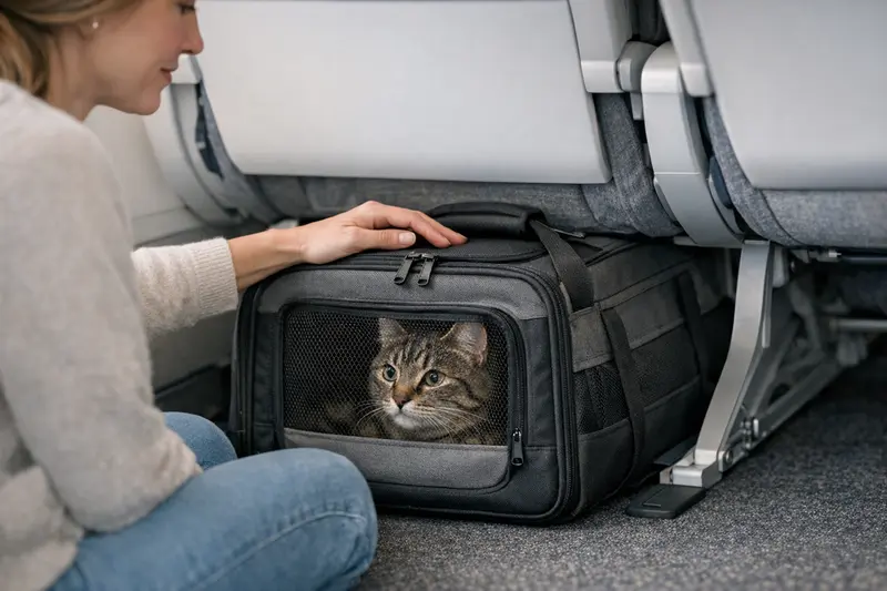 Katze sicher in geschlossener Transporttasche in Kabinenumgebung.
