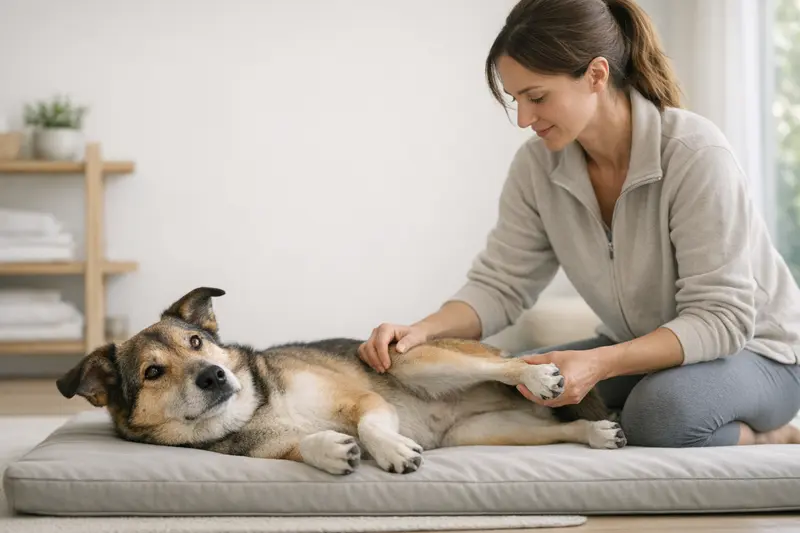 Eine ruhige Katze erhält Physiotherapie zur Verbesserung ihrer Beweglichkeit.