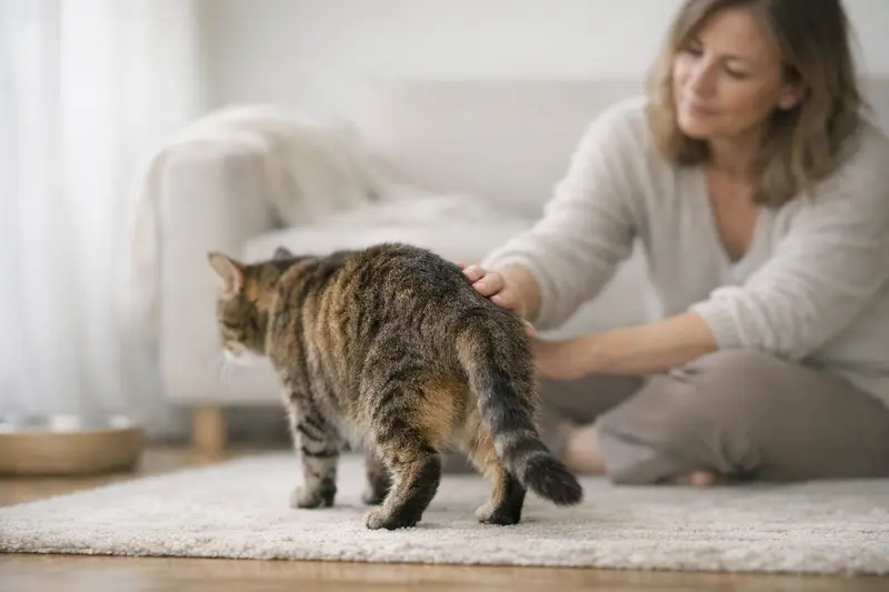 Eine Katze in einer ruhigen Umgebung zeigt sanft ihre Bewegungen, um Anzeichen von Mobilitätseinschränkungen zu erkennen.