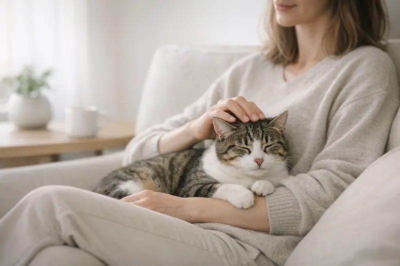 Eine entspannte Katze sitzt in einer ruhigen Wohnumgebung und vermittelt ein Gefühl von Sicherheit und Geborgenheit.