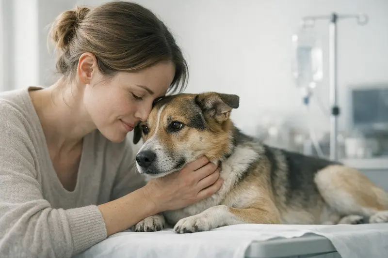 Eine ruhige Katze in einer klinikähnlichen Umgebung, die während einer tierärztlichen Untersuchung sanft beobachtet wird.