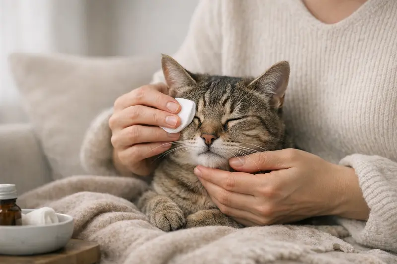 Eine Katze wird in einem warmen Umfeld sanft gepflegt, während ihre Augen und Nase gereinigt werden.