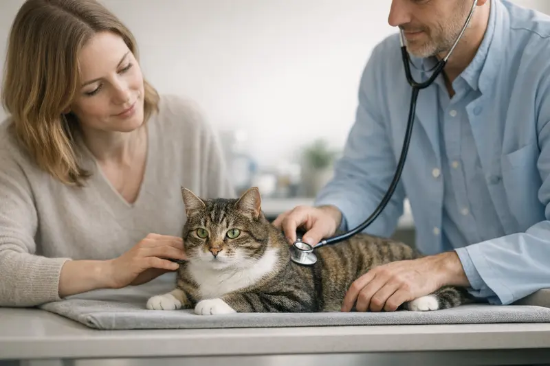 Eine entspannte Katze wird in einer Tierarztpraxis untersucht, um Vertrauen aufzubauen und Tierarztkosten zu thematisieren.