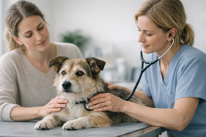 Eine entspannte Katze wird in einer Tierarztpraxis vorsorglich untersucht, um ihre Gesundheit zu sichern.