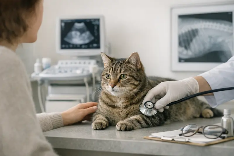 Eine entspannte Katze in einer ruhigen Untersuchungssituation beim Tierarzt, die auf ihre Gesundheit untersucht wird.