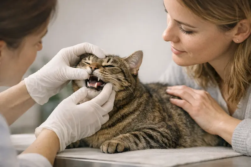 Eine Katze wird in einer ruhigen Untersuchungssituation vom Tierarzt gründlich untersucht.