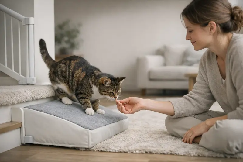 Eine Katze sitzt sicher auf einem Teppich in einer wohnlichen Umgebung mit gesicherten Stufen.