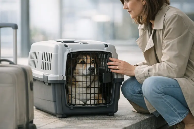 Eine Katze sitzt sicher in einer stabilen Transportbox für Reisen.