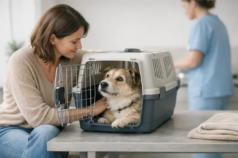 Ruhige Katze in einer Transportbox während eines Veterinärbesuchs zur Angstreduktion