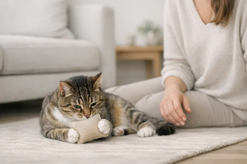Eine Katze spielt mit einem Baldriankissen in einer sicheren Umgebung unter Aufsicht.