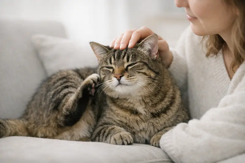 Eine gesunde Katze mit gepflegtem Fell und aufmerksamem Ohr, die die Anzeichen von Juckreiz vermittelt.