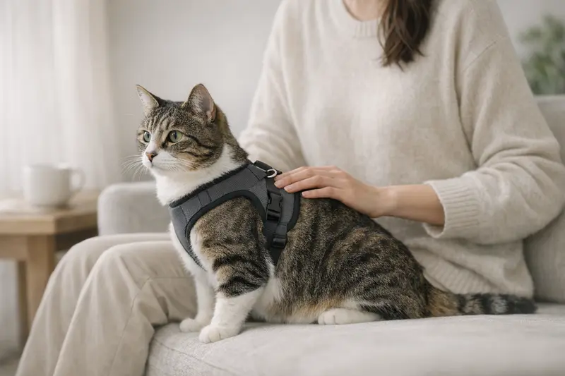 Eine entspannte Katze trägt ein gut sitzendes Geschirr in einer ruhigen Umgebung und vermittelt ein Gefühl von Sicherheit.
