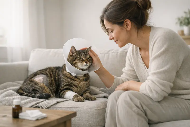 Katze mit Halskragen in einer Nachsorge-Situation nach einer Operation.