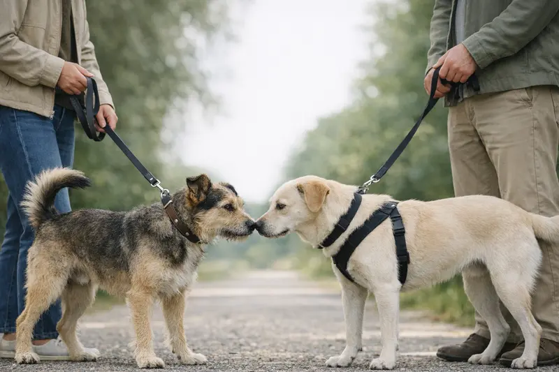 Ein ruhiger Hund an der Leine bei einer kontrollierten Begegnung mit einem anderen Hund.