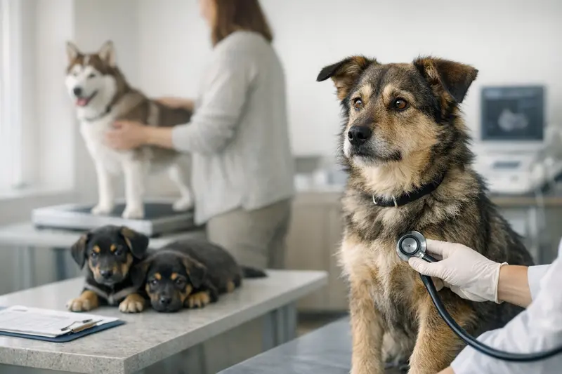 Mehrere Hunde warten beim Tierarzt auf ihre Untersuchung, was die Notwendigkeit einer Tierversicherung zeigt.