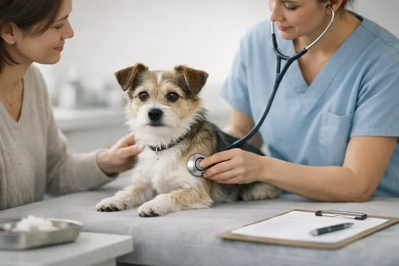 Ein Mini-Hund wird ruhig beim Tierarzt untersucht, was die Wichtigkeit der Gesundheitskosten verdeutlicht.