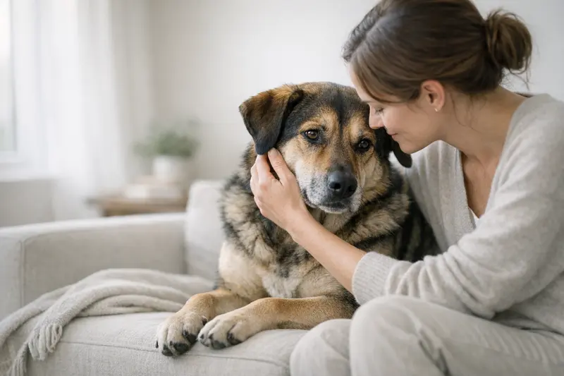 Ein mittelgroßer Hund entspannt in einer ruhigen Umgebung, dargestellt um Vertrauen und Sicherheit zu vermitteln.