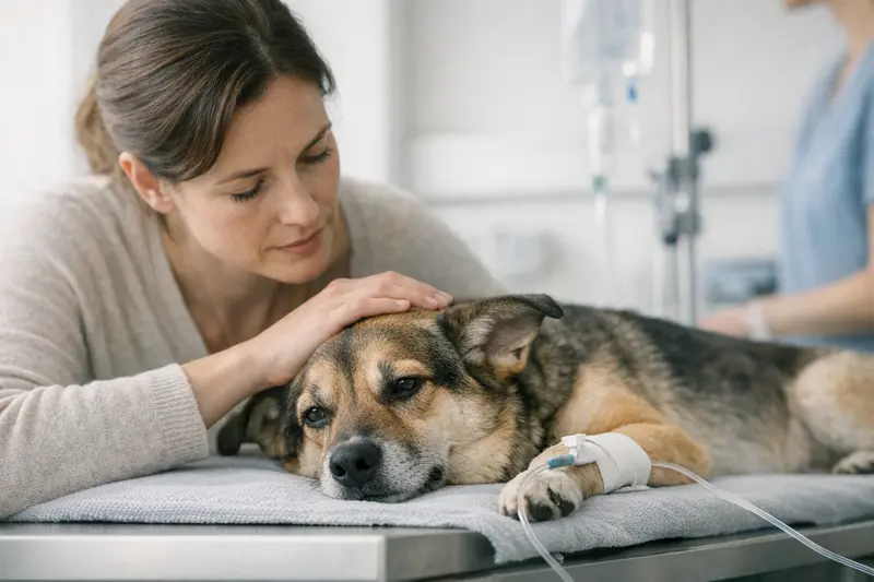 Ein ruhiger Hund liegt in einer kliniknahen Umgebung, gekennzeichnet durch eine vertrauenswürdige Atmosphäre.